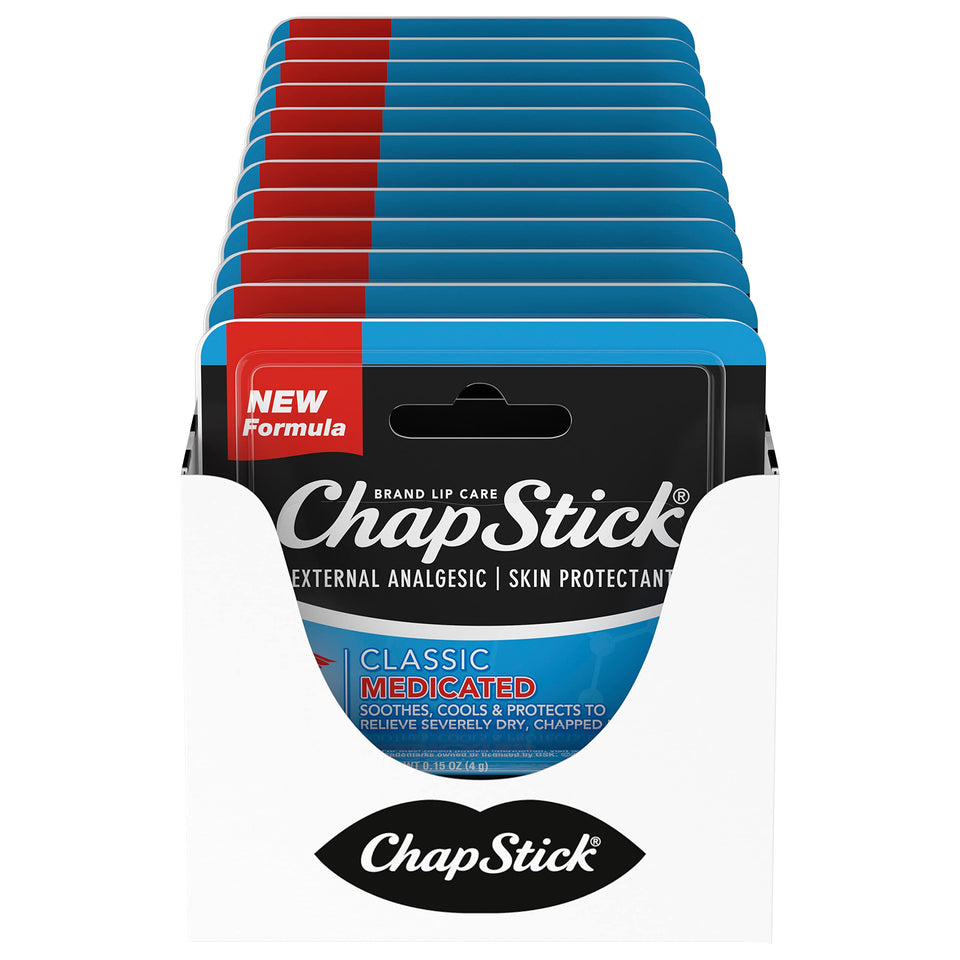 ChapStick front packaging showing medicated 12-pack and portability benefit