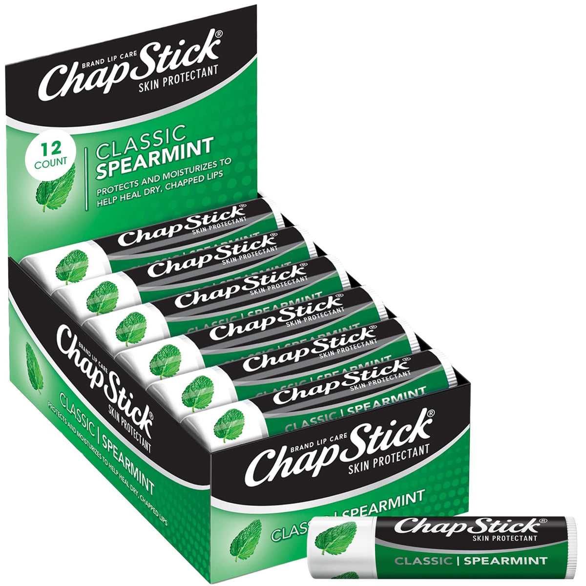 ChapStick front packaging showing 12-pack and spearmint branding for convenient moisture