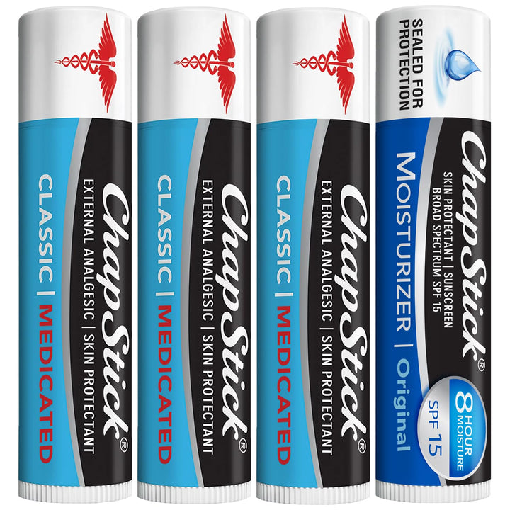 ChapStick front packaging showing four tubes and bundle convenience