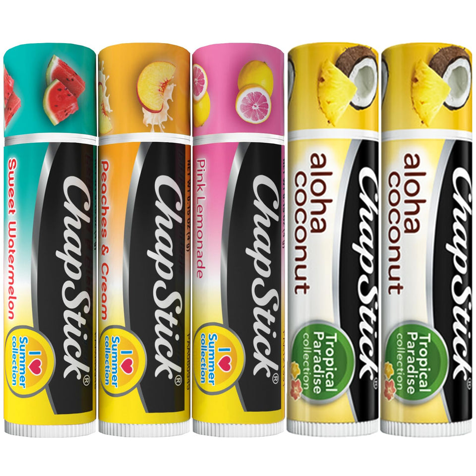 ChapStick front packaging showing five-flavor summer bundle and travel convenience