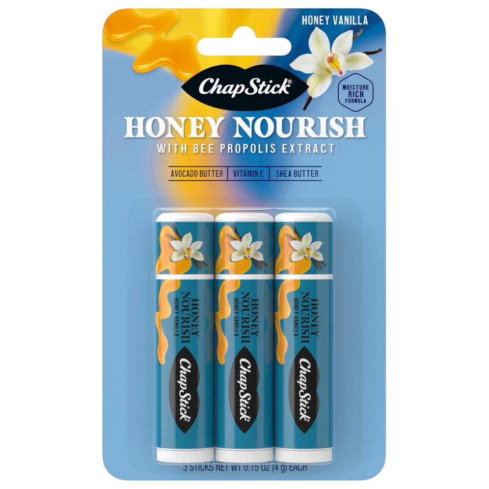 ChapStick Honey Nourish front packaging showing three tubes and label, brand hydration benefit
