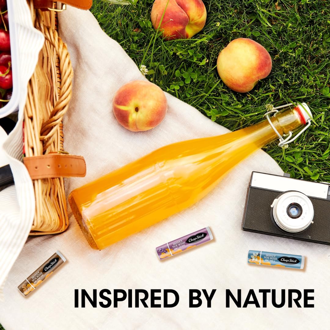 Three ChapStick Honey Nourish tubes arranged on surface, brand convenient backup benefit