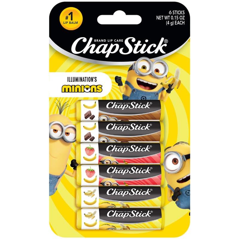 ChapStick Minions front packaging showing six banana-themed balms and bright artwork, fun giveaway