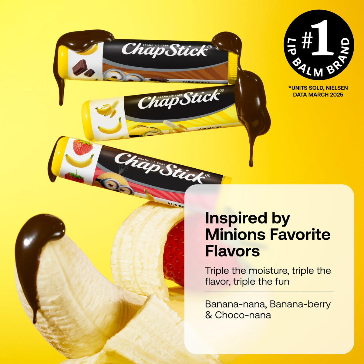 Close-up of ChapStick tube labeled Minions highlighting colorful character artwork