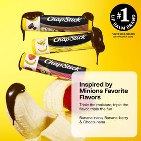Close-up of ChapStick tube labeled Minions highlighting colorful character artwork