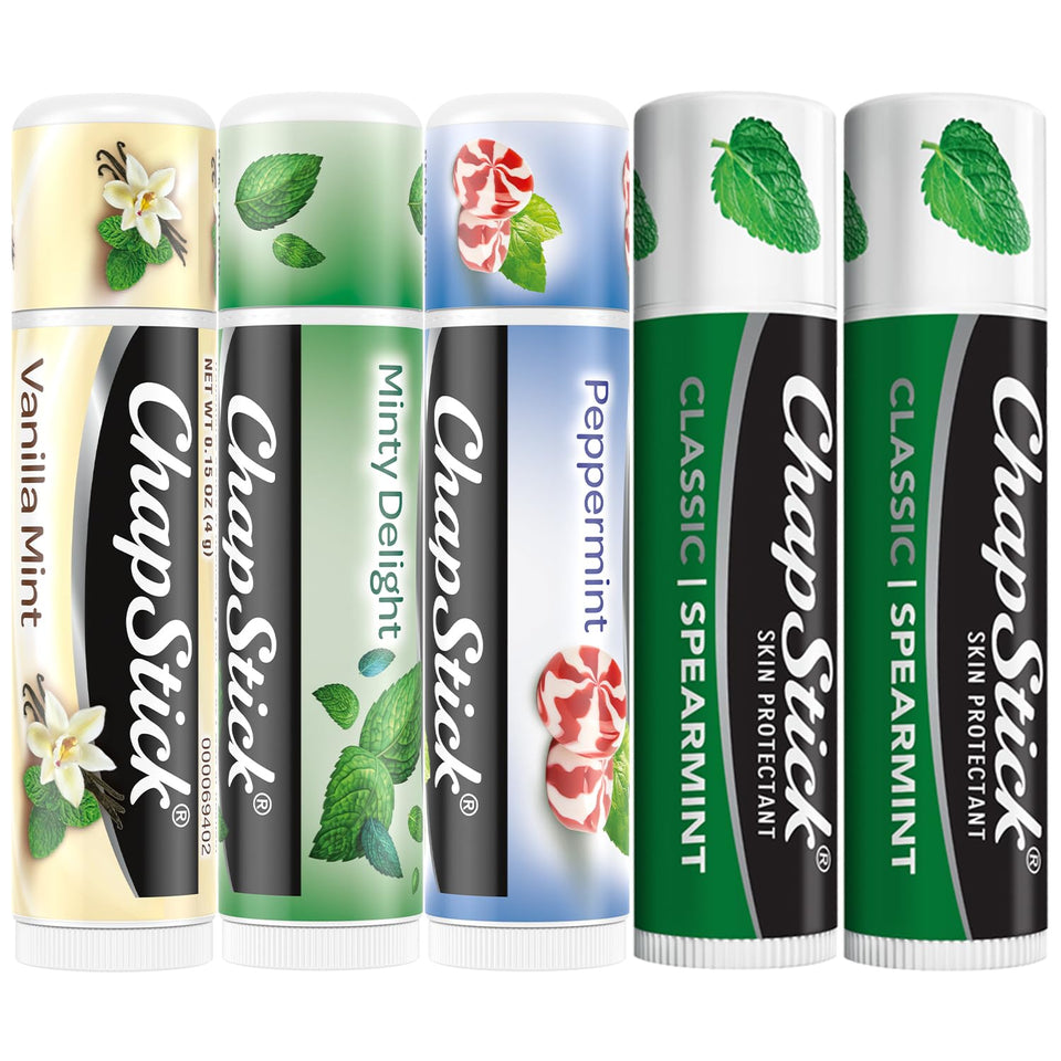 ChapStick front packaging showing five mint flavor sticks and clear labels for easy choice