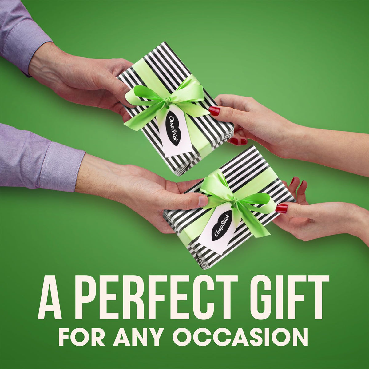 Hand holding a ChapStick Mint Favorites stick to show compact travel-friendly size