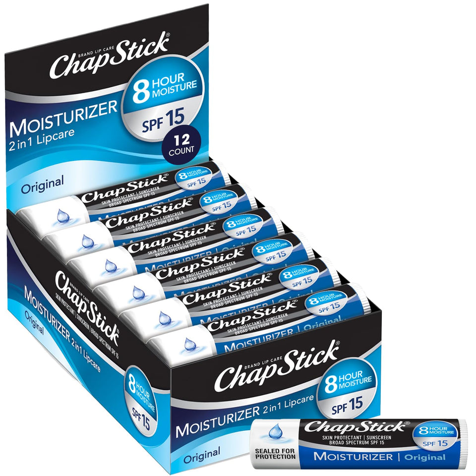 ChapStick front packaging showing original 12-pack and easy storage benefit