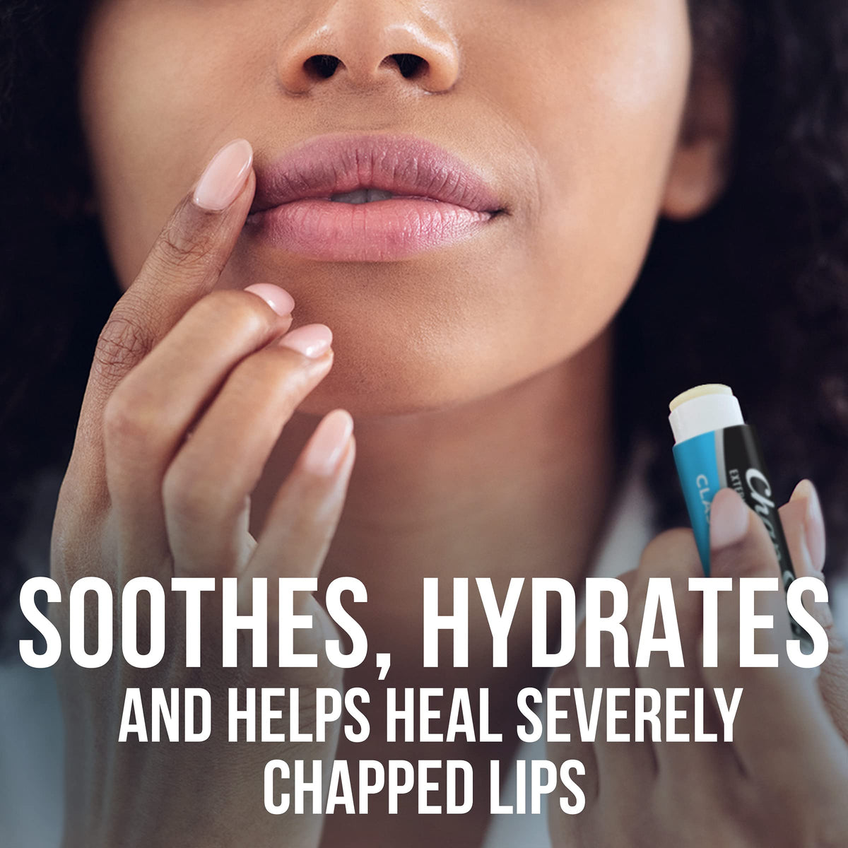Close-up of ChapStick stick texture highlighting smooth application benefit
