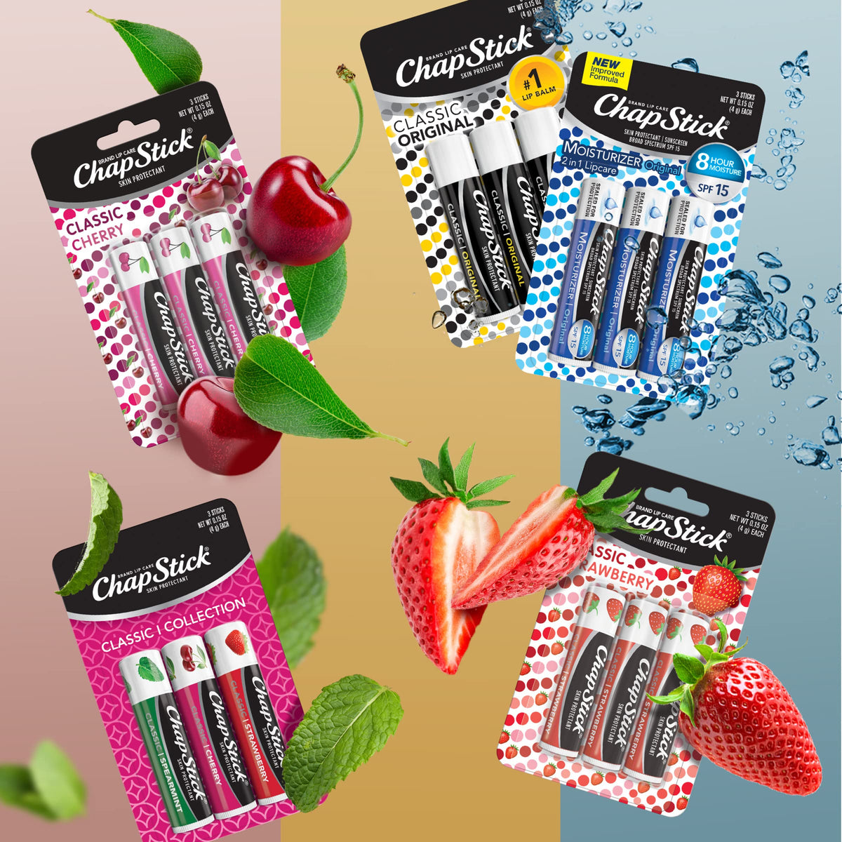 ChapStick strawberry and cherry tubes together offering sweet flavors