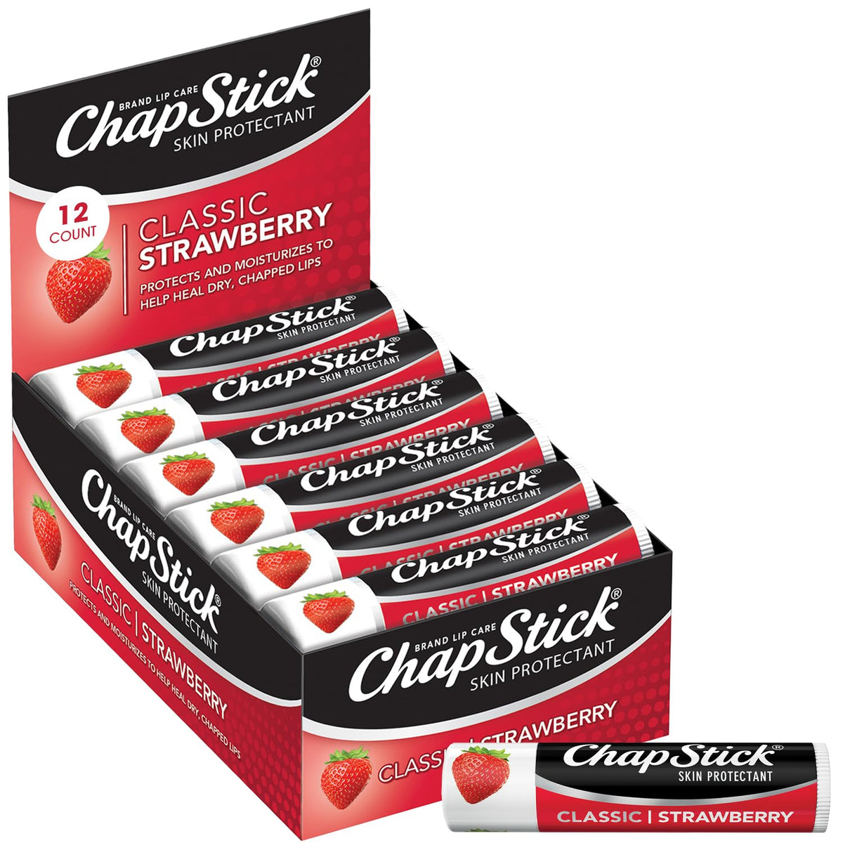 ChapStick strawberry front packaging showing tubes and brand benefit