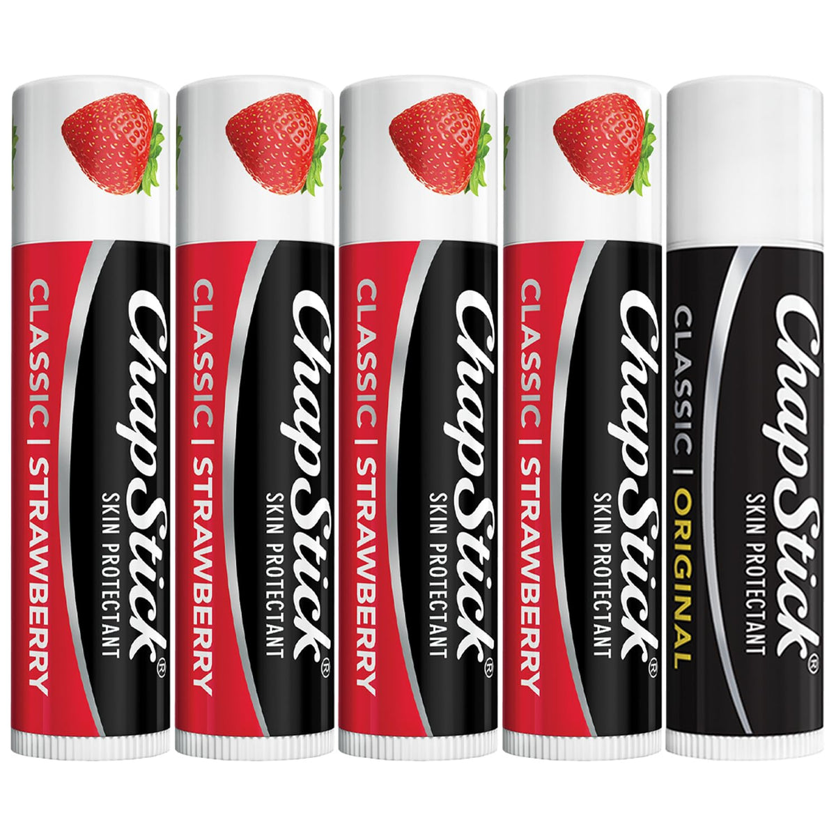 ChapStick front packaging showing strawberry four-pack and Classic Original, easy hydration