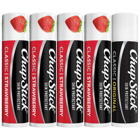ChapStick front packaging showing strawberry four-pack and Classic Original, easy hydration