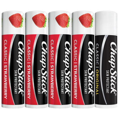 ChapStick front packaging showing strawberry four-pack and Classic Original, easy hydration