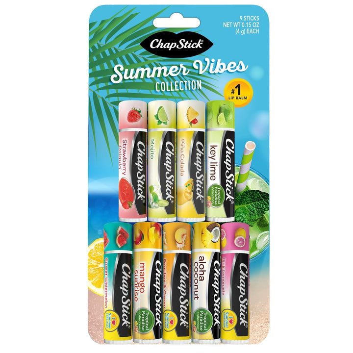 ChapStick Summer Vibes front packaging showing nine flavored tubes and vibrant artwork for quick selection