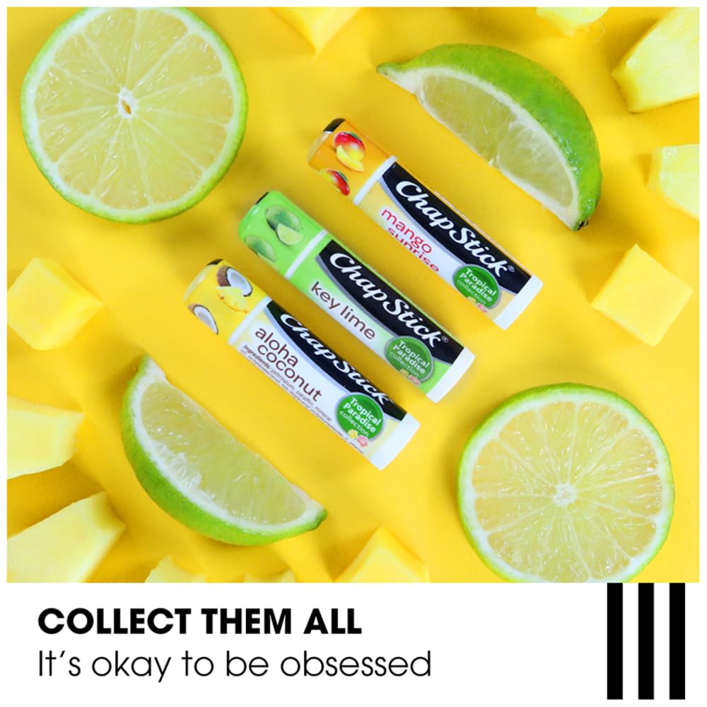 ChapStick tubes arranged with tropical fruit highlighting flavor notes and summery scent appeal