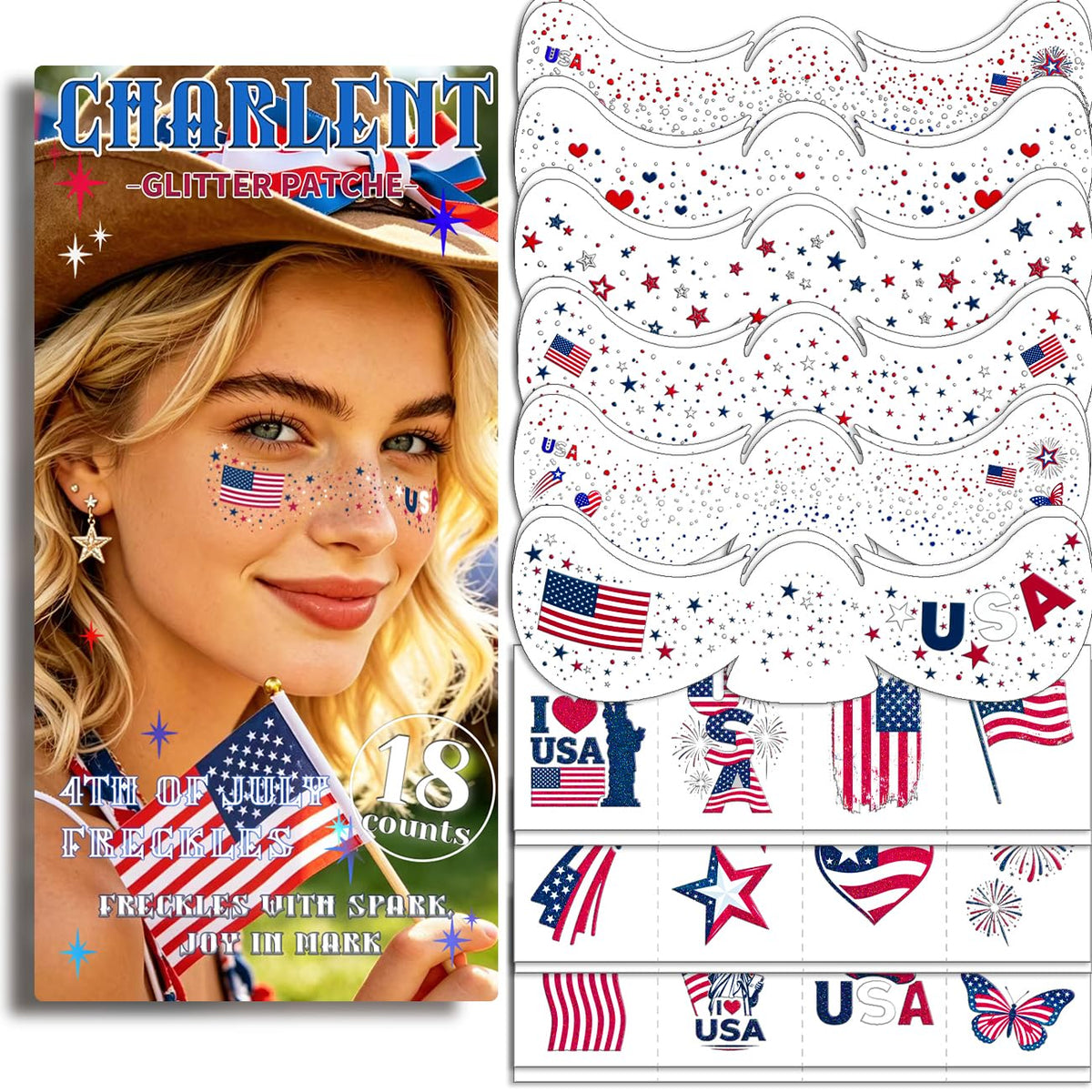 CHARLENT front packaging showing patriotic freckle tattoos and party-ready sparkle