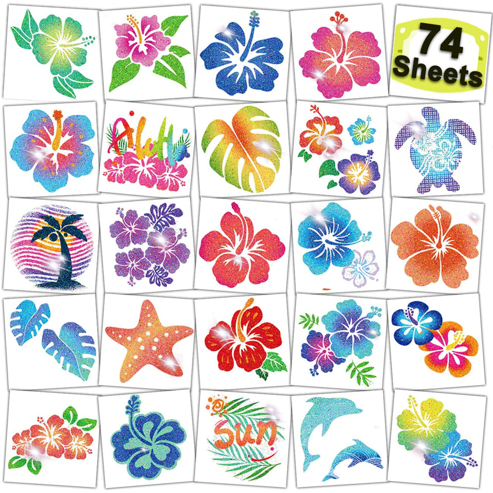 CHARLENT front packaging showing glitter hibiscus tattoos and quantity benefit
