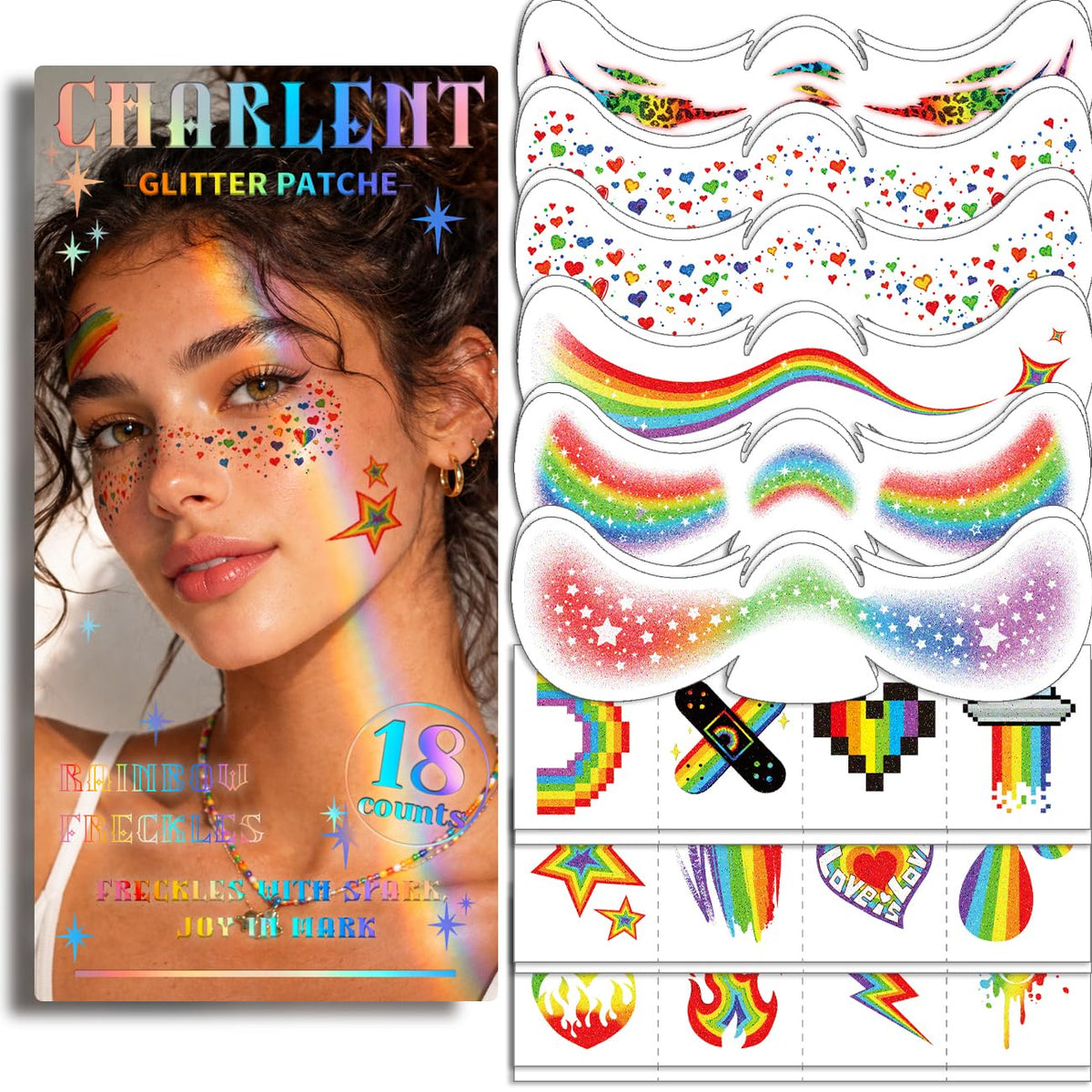 CHARLENT front packaging showing 36-piece rainbow freckle set and appealing presentation