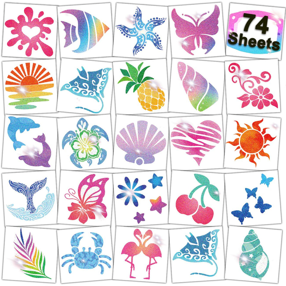 CHARLENT front packaging showing 74 glitter tattoo sheets and festive branding
