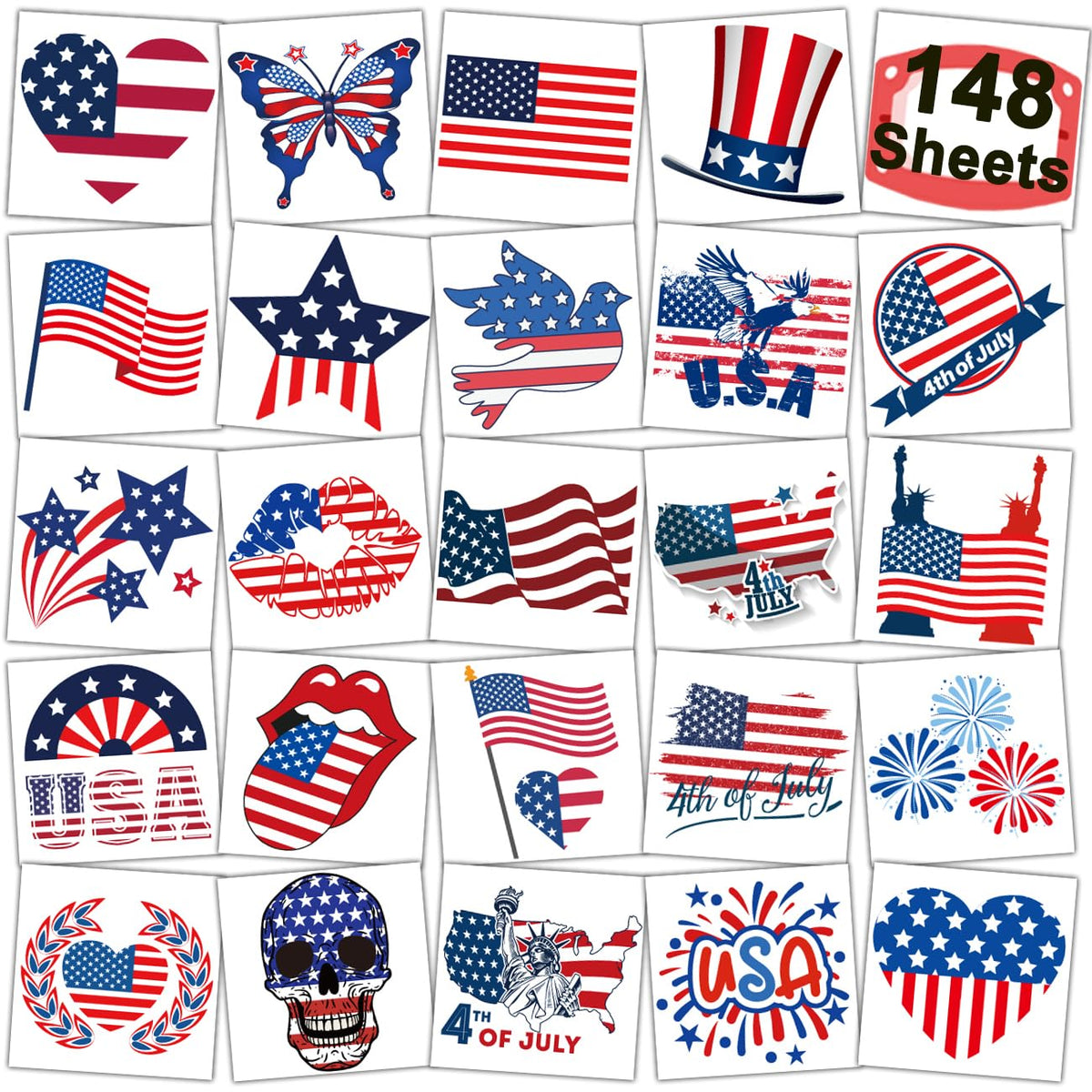 CHARLENT front pack showing 148 patriotic tattoos and easy party use