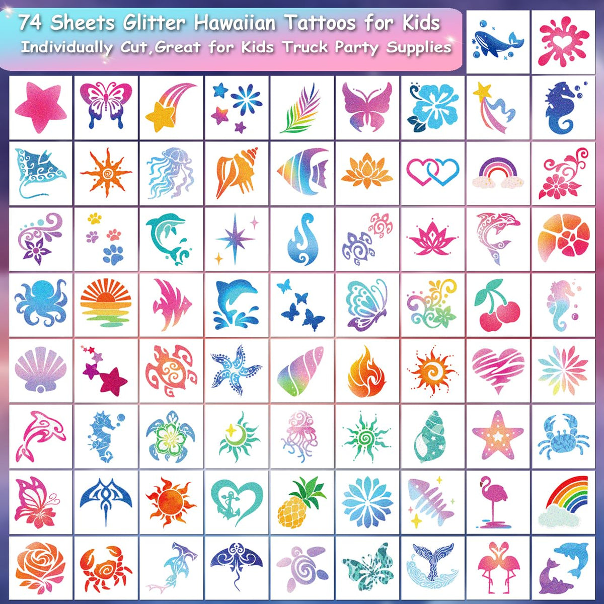 CHARLENT close-up of tropical tattoo sheet details highlighting glitter finish