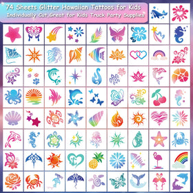 CHARLENT close-up of tropical tattoo sheet details highlighting glitter finish