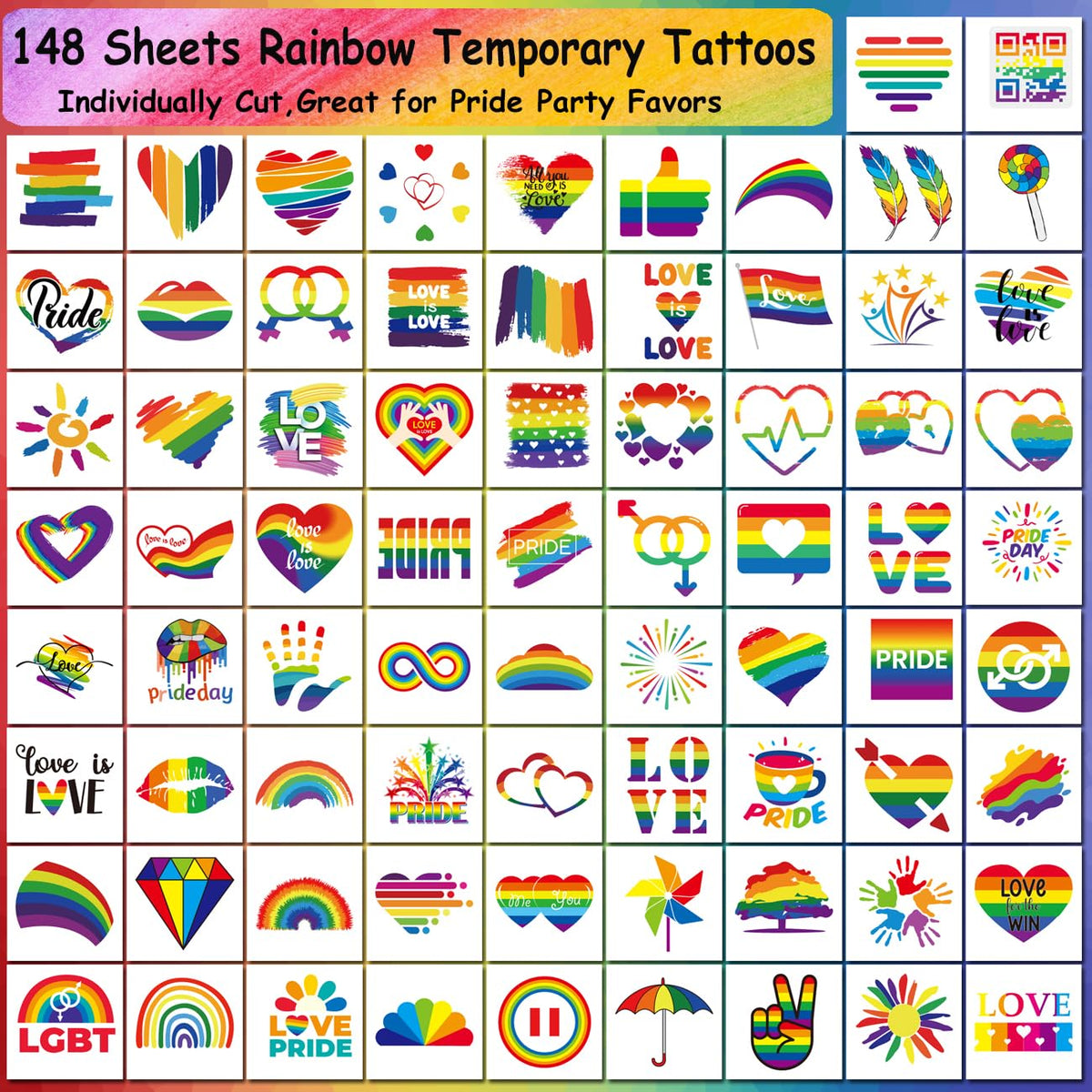 CHARLENT sheet layout displaying variety of rainbow flag and love tattoos