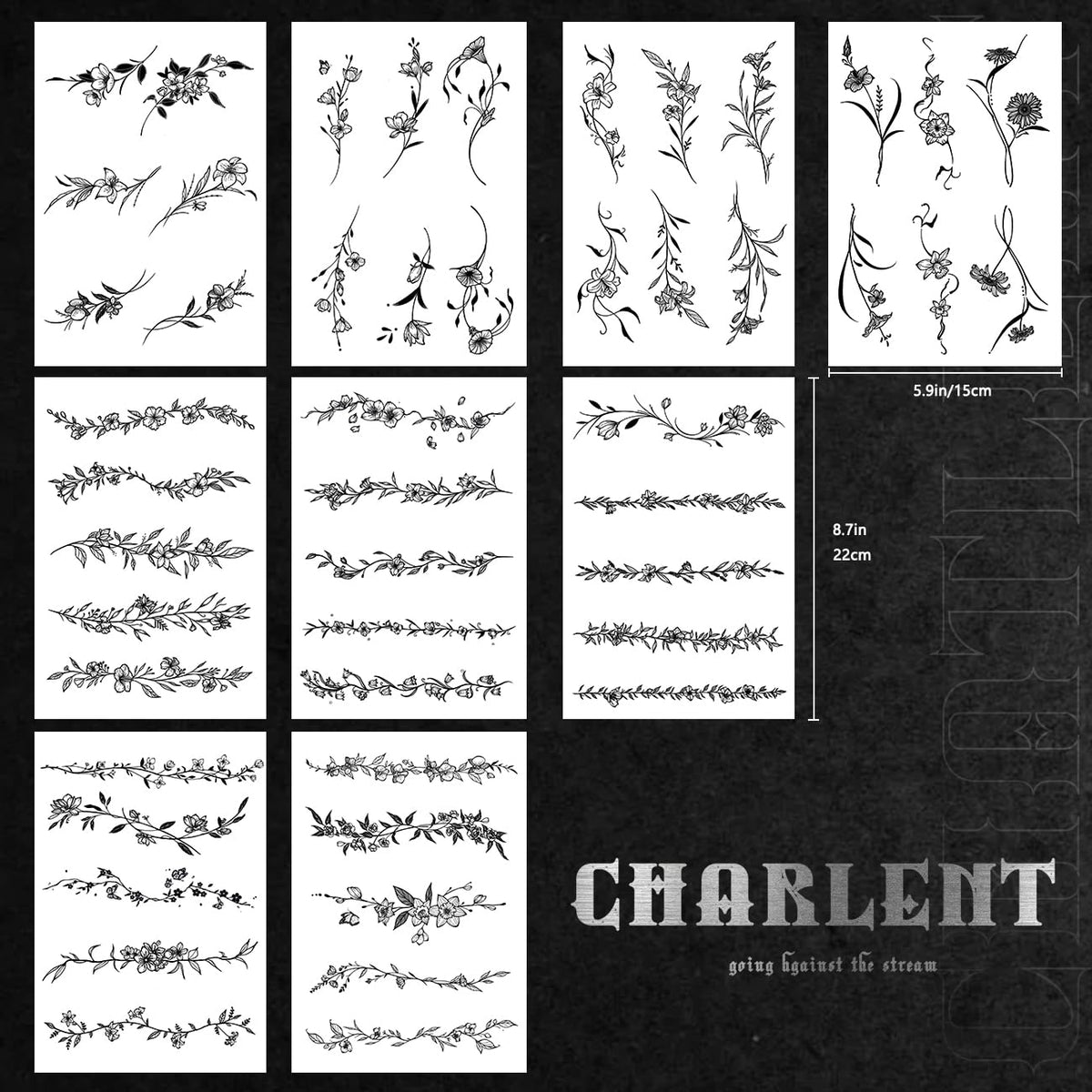 CHARLENT full tattoo sheets laid flat highlighting 49 varied designs