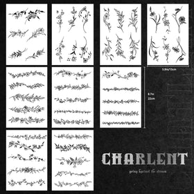CHARLENT full tattoo sheets laid flat highlighting 49 varied designs