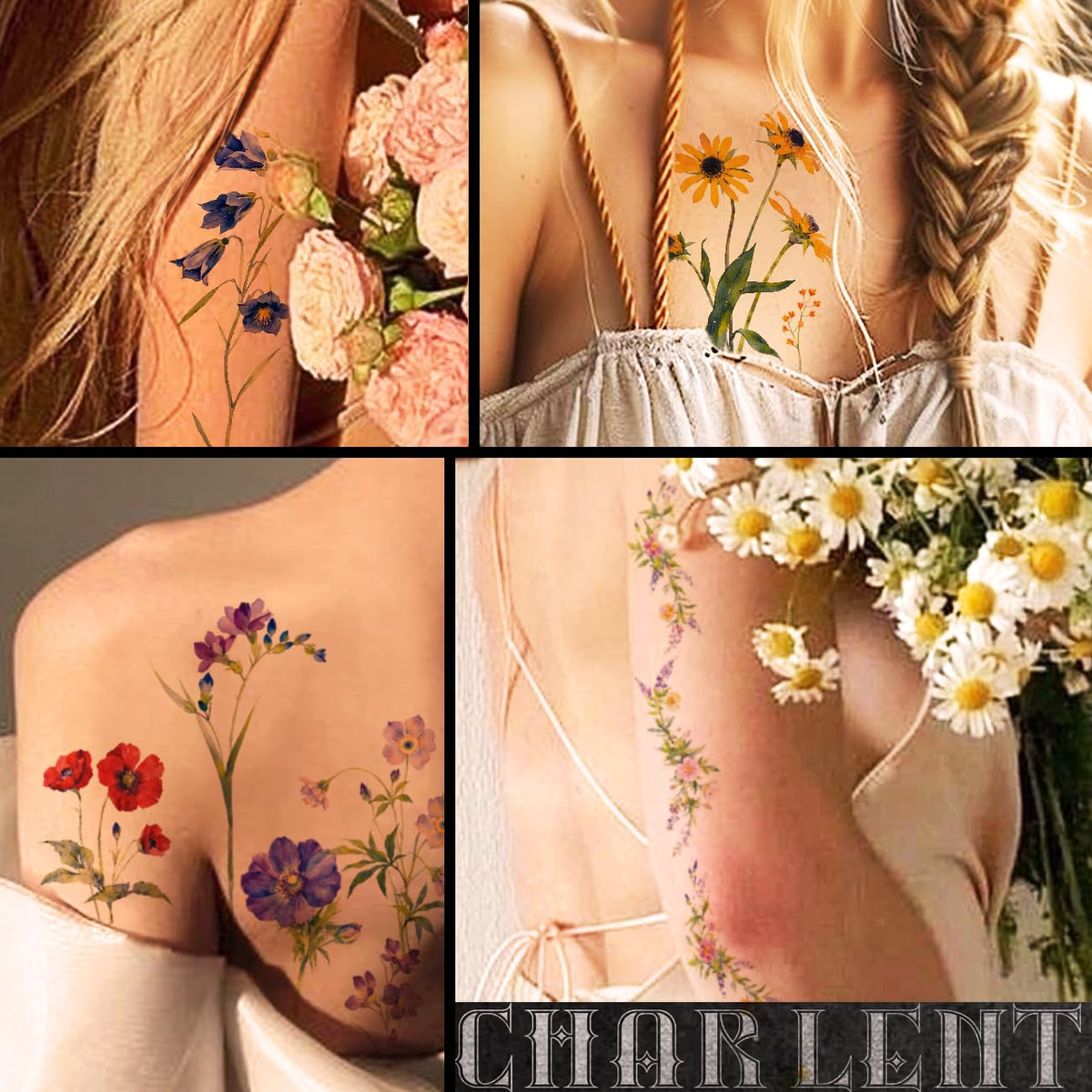 CHARLENT sheet beside hand to show actual tattoo size and placement options