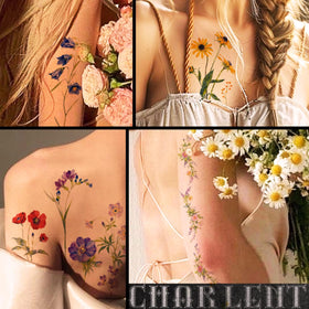 CHARLENT sheet beside hand to show actual tattoo size and placement options