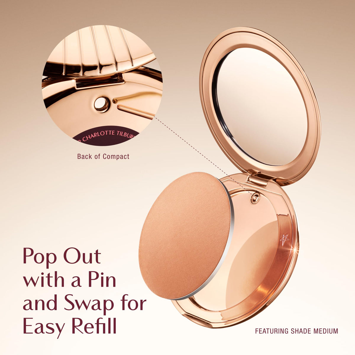 Charlotte Tilbury bronzer beside a hand to show compact size and travel-friendly benefit