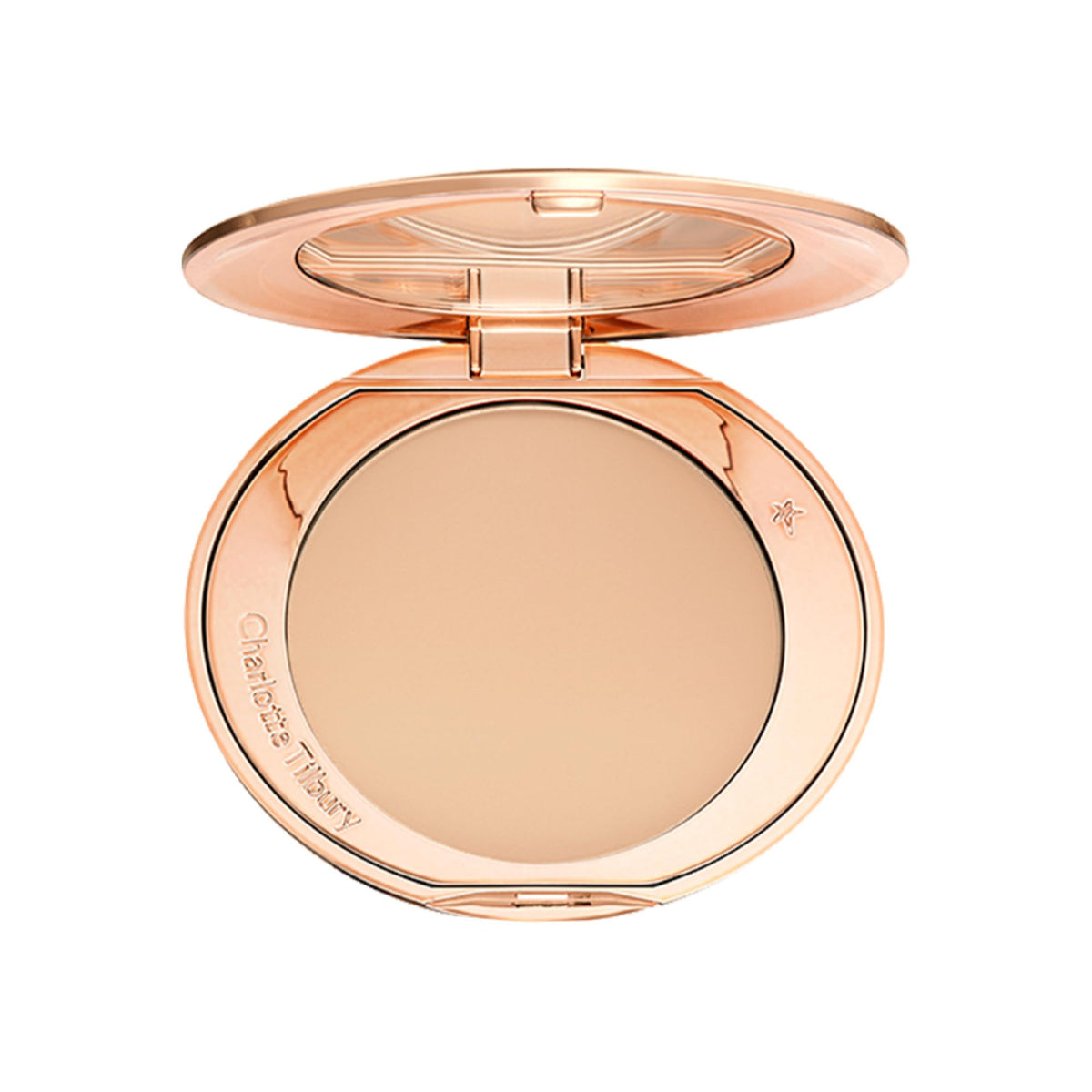 Charlotte Tilbury compact front view showing sleek packaging and portability benefit