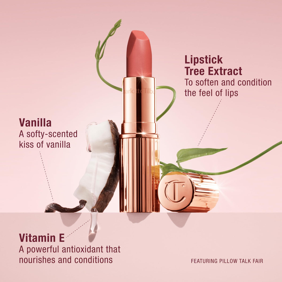 Charlotte Tilbury lipstick applied on lips showing warm nude‑pink glow benefit