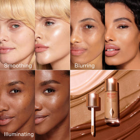 Applying Charlotte Tilbury with fingers to cheek for instant luminous blurring