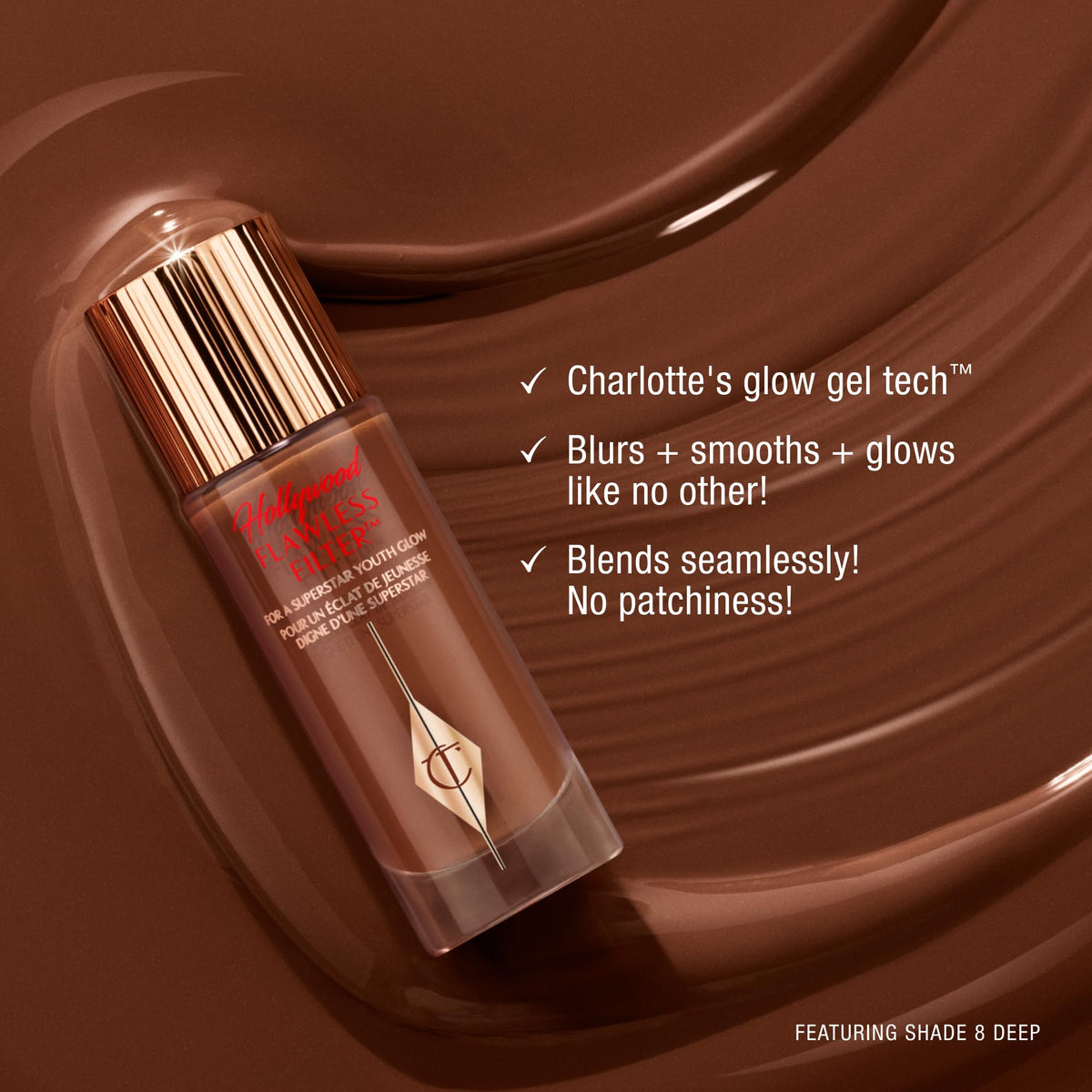 Blended Charlotte Tilbury under foundation showing smooth, even skin base