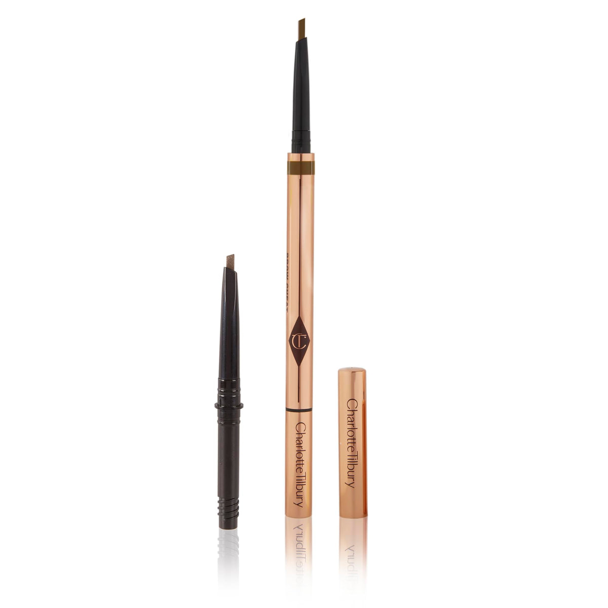 Charlotte Tilbury Brow Cheat applied on eyebrow demonstrating natural definition and long-lasting hold