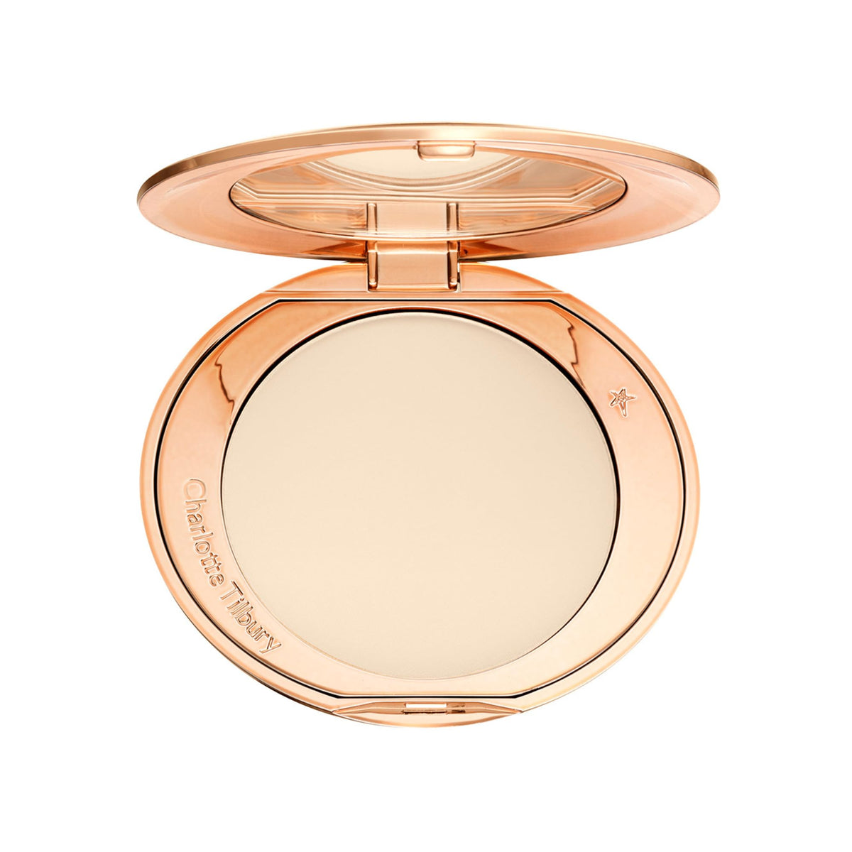 Charlotte Tilbury compact front showing sleek packaging and portability benefit