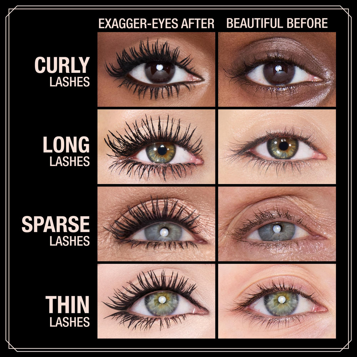 Charlotte Tilbury before and after lashes highlighting boosted volume and curl