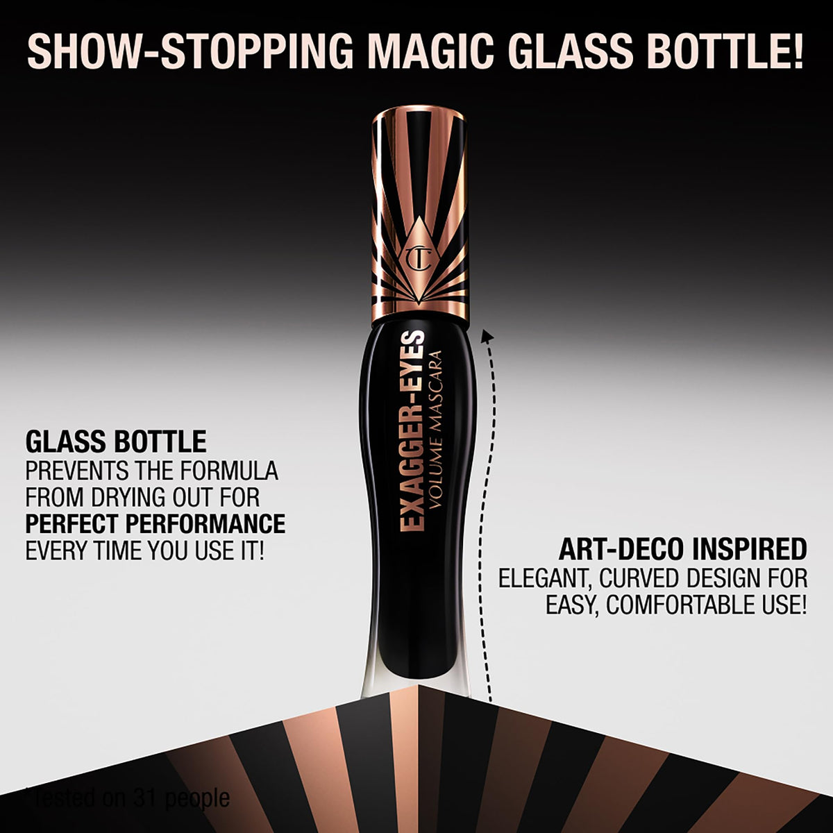 Charlotte Tilbury glass bottle on vanity reflecting Art Deco-inspired design