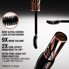 Charlotte Tilbury glossy black mascara swatch showing intense vinyl-black pigment