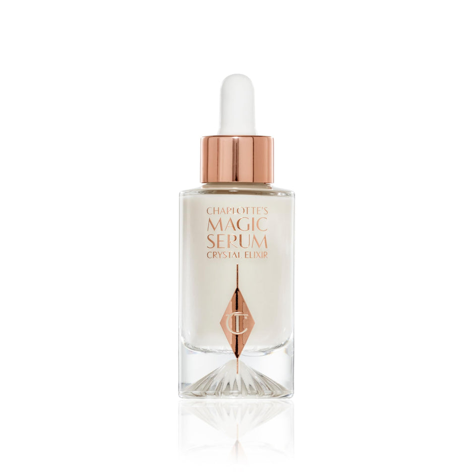 Charlotte Tilbury front packaging of Magic Serum Crystal Elixir showing premium bottle and compact size benefits
