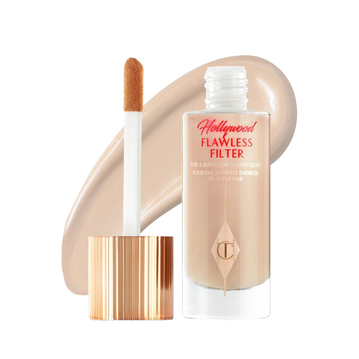 Charlotte Tilbury front bottle view showing product and elegant packaging for display benefit