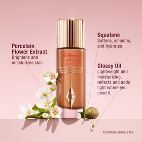 Charlotte Tilbury bottle inside makeup bag showing travel-friendly size and convenience benefit