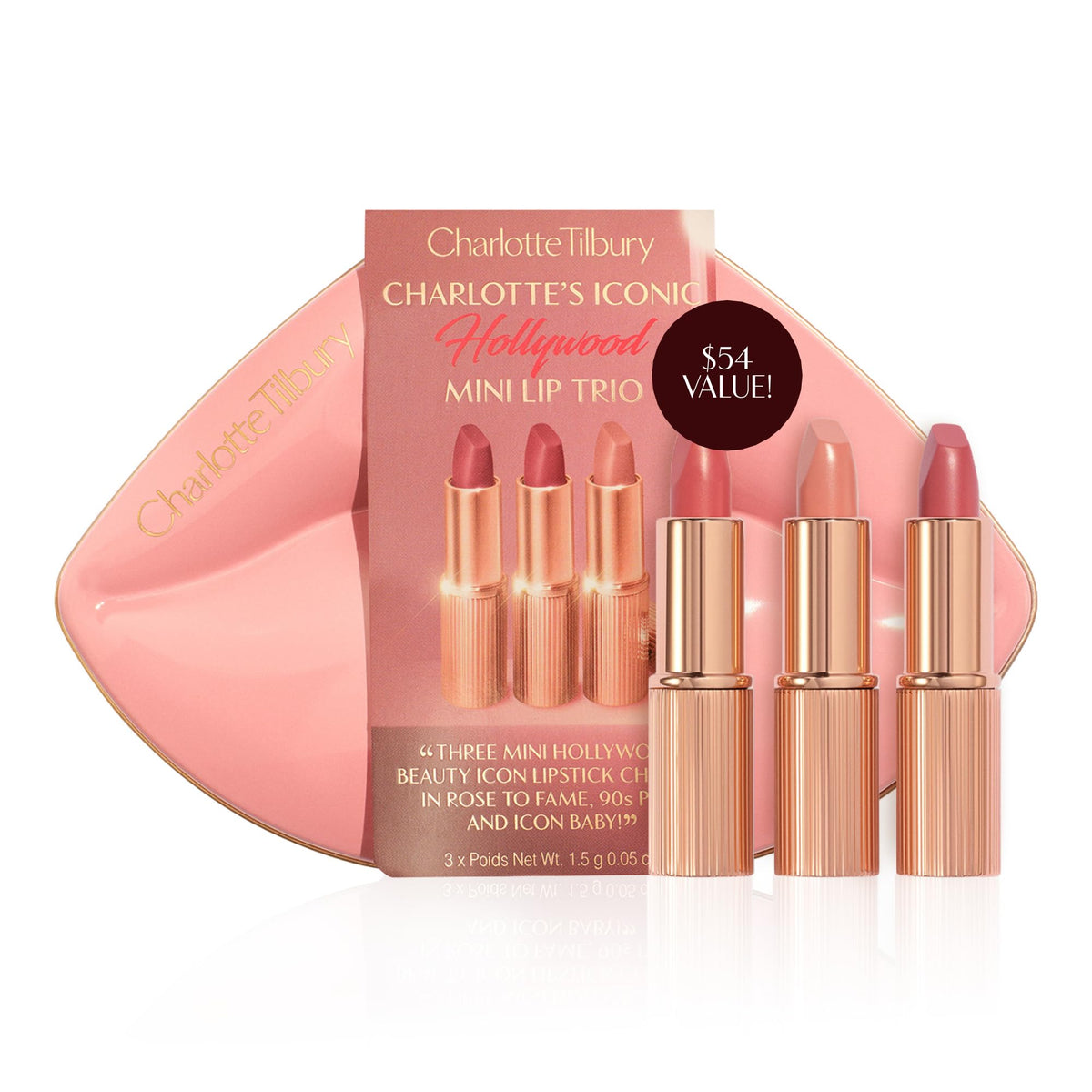 Charlotte Tilbury front packaging showing three travel lipsticks, convenient gift-ready