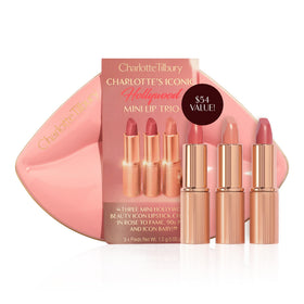 Charlotte Tilbury front packaging showing three travel lipsticks, convenient gift-ready