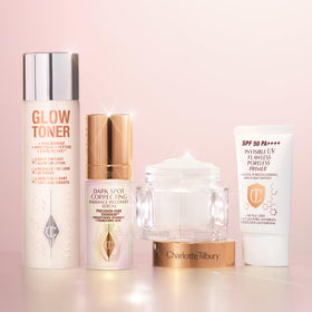 Charlotte Tilbury primer on bathroom counter suggesting daily routine