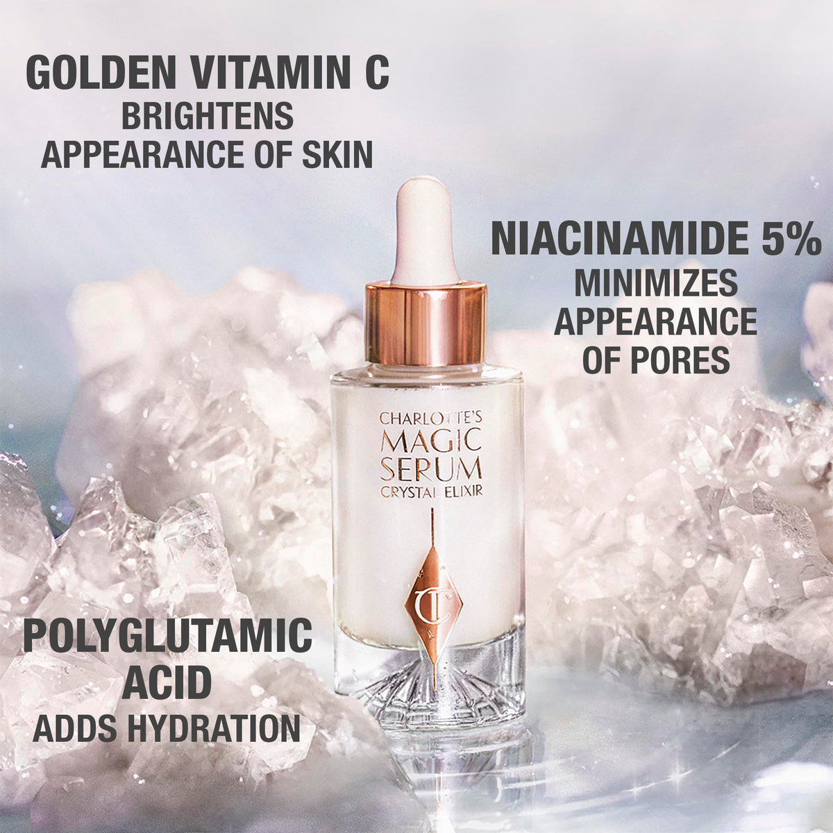 Charlotte Tilbury serum on vanity with brush and foundation to suggest elegant everyday routine
