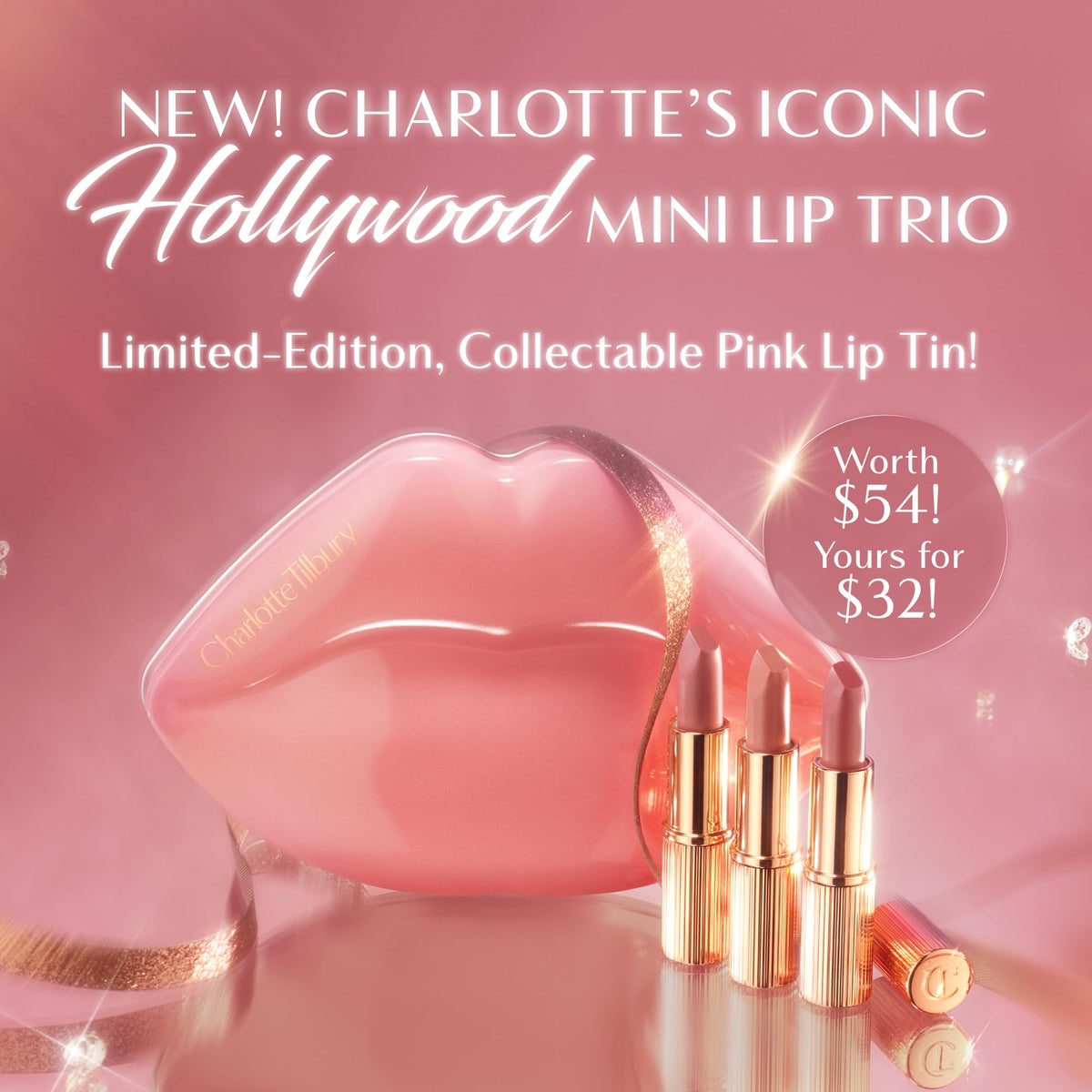 Charlotte Tilbury lipstick tubes close-up of metallic logo, luxe detailing benefit